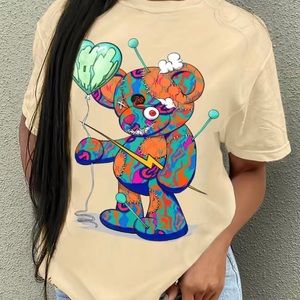 Colorful khaki Bear Print T-Shirt, Casual Crew Neck Short Sleeve